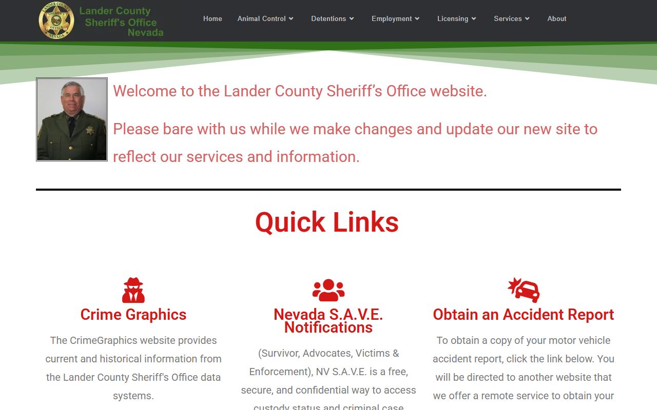Lander County sheriff homepage inmate population and custody search links